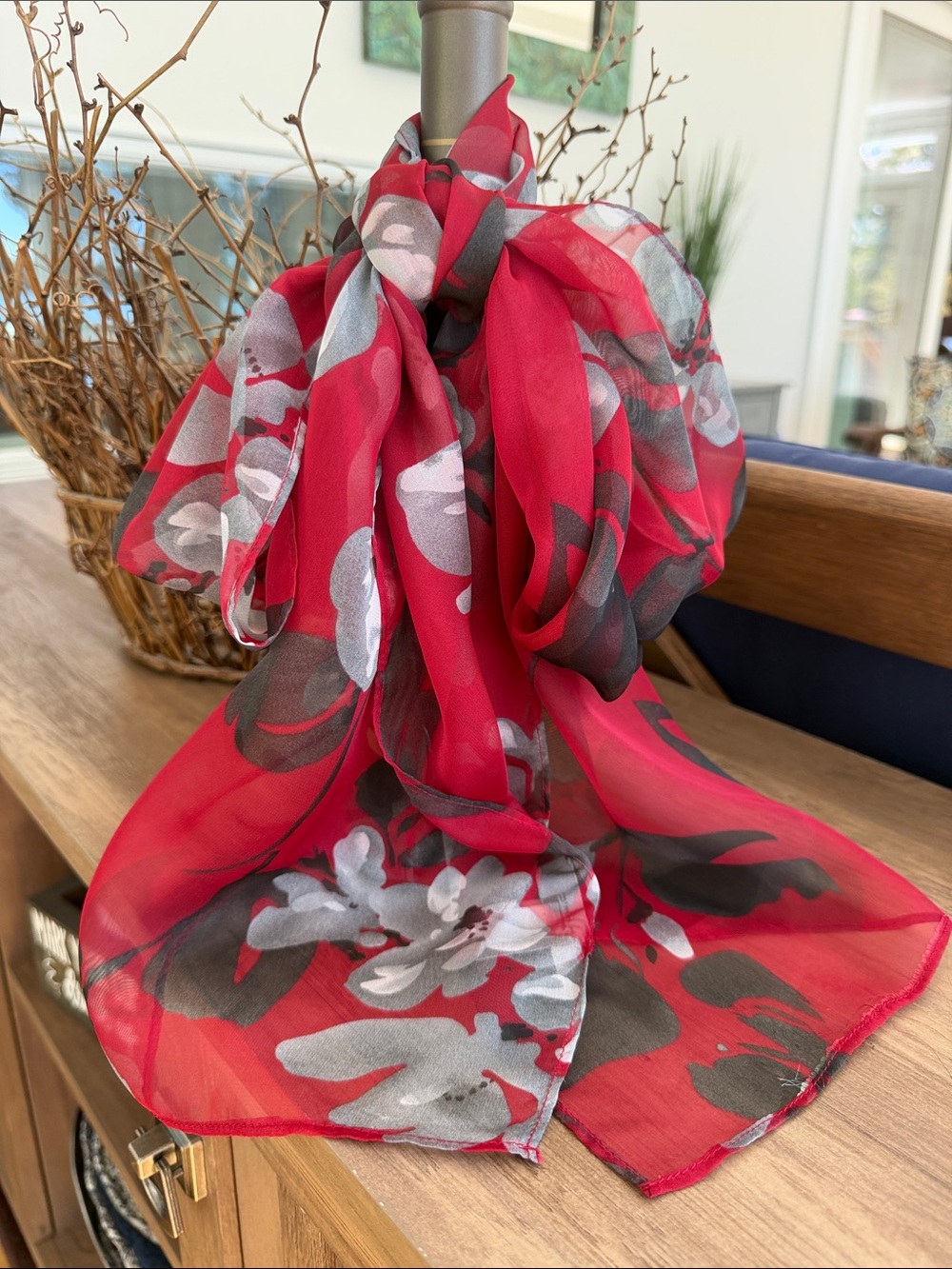 Chico's Red Floral Sheer Scarf with Gray and White Accents